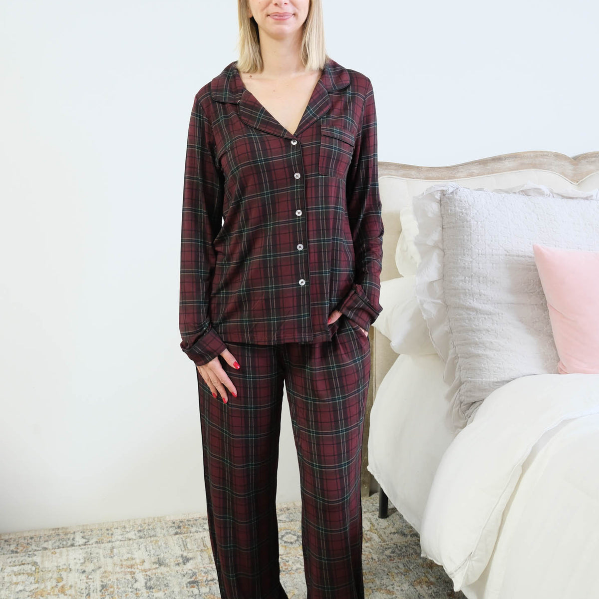 Georgia Rylan Bamboo Plaid Button-Up PJ Set front view notch collar and wide-leg pants — Cloud Nine Pajamas Edmonton