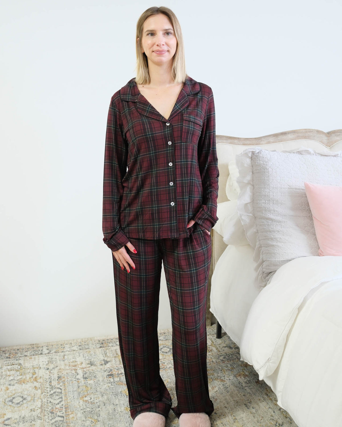 Georgia Rylan Bamboo Plaid Button-Up PJ Set front view notch collar and wide-leg pants — Cloud Nine Pajamas Edmonton