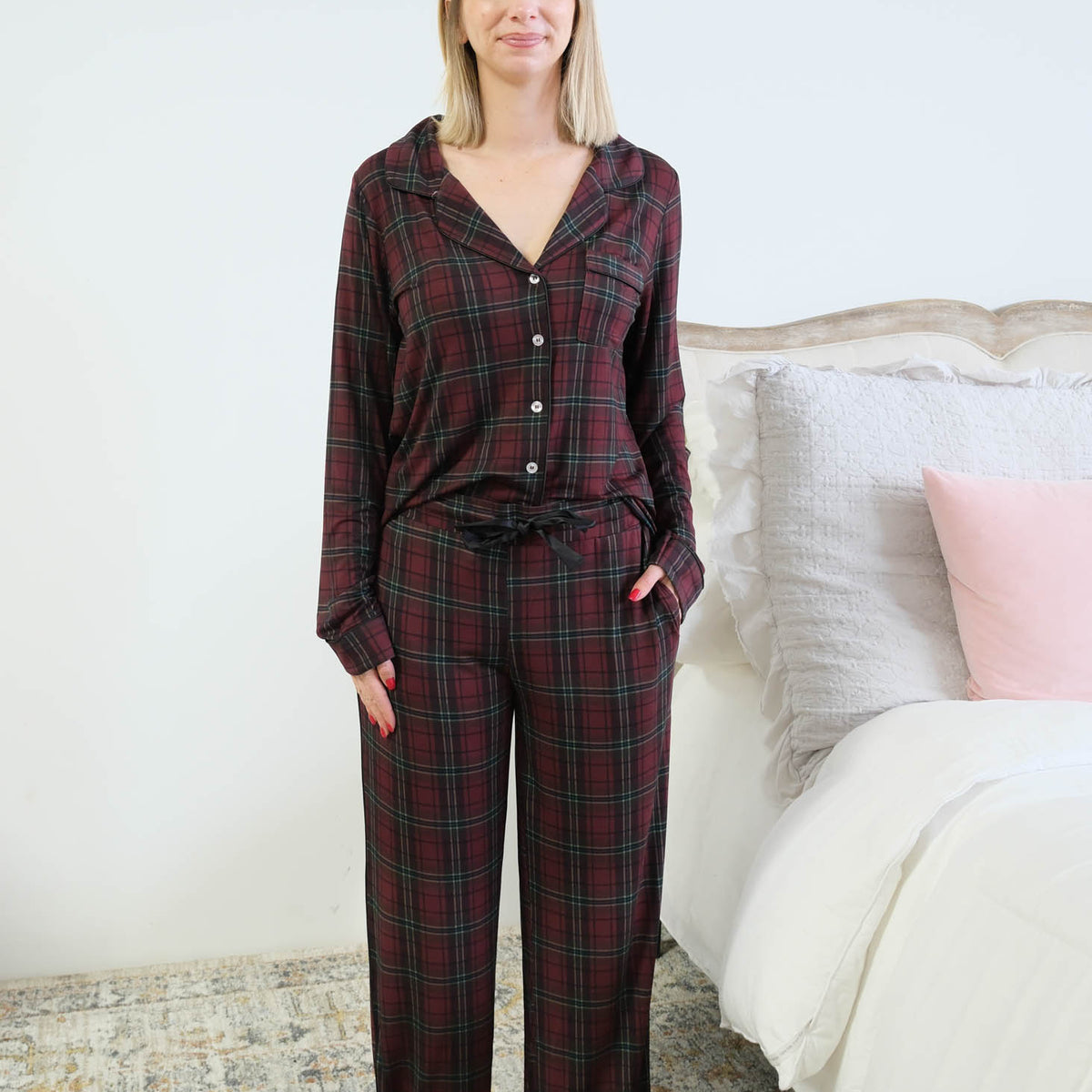 Georgia Rylan Bamboo Plaid Button-Up PJ Set drawstring waist detail front view — Cloud Nine Pajamas Edmonton