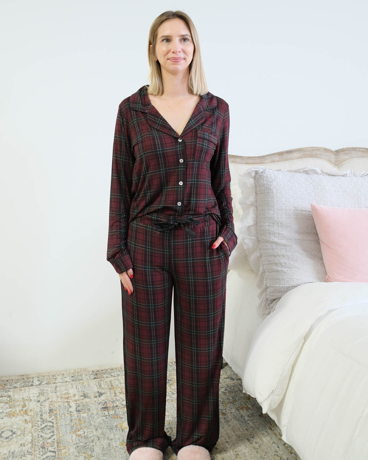 Georgia Rylan Bamboo Plaid Button-Up PJ Set drawstring waist detail front view — Cloud Nine Pajamas Edmonton