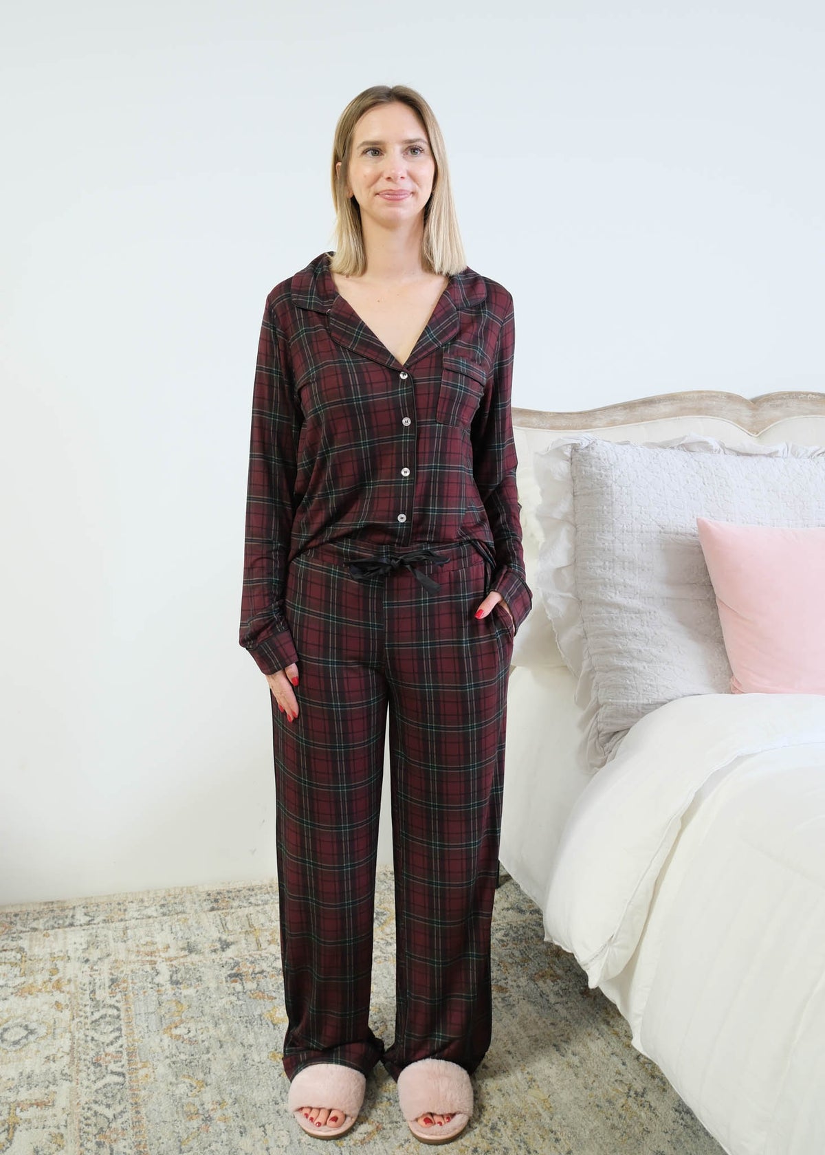 Georgia Rylan Bamboo Plaid Button-Up PJ Set drawstring waist detail front view — Cloud Nine Pajamas Edmonton