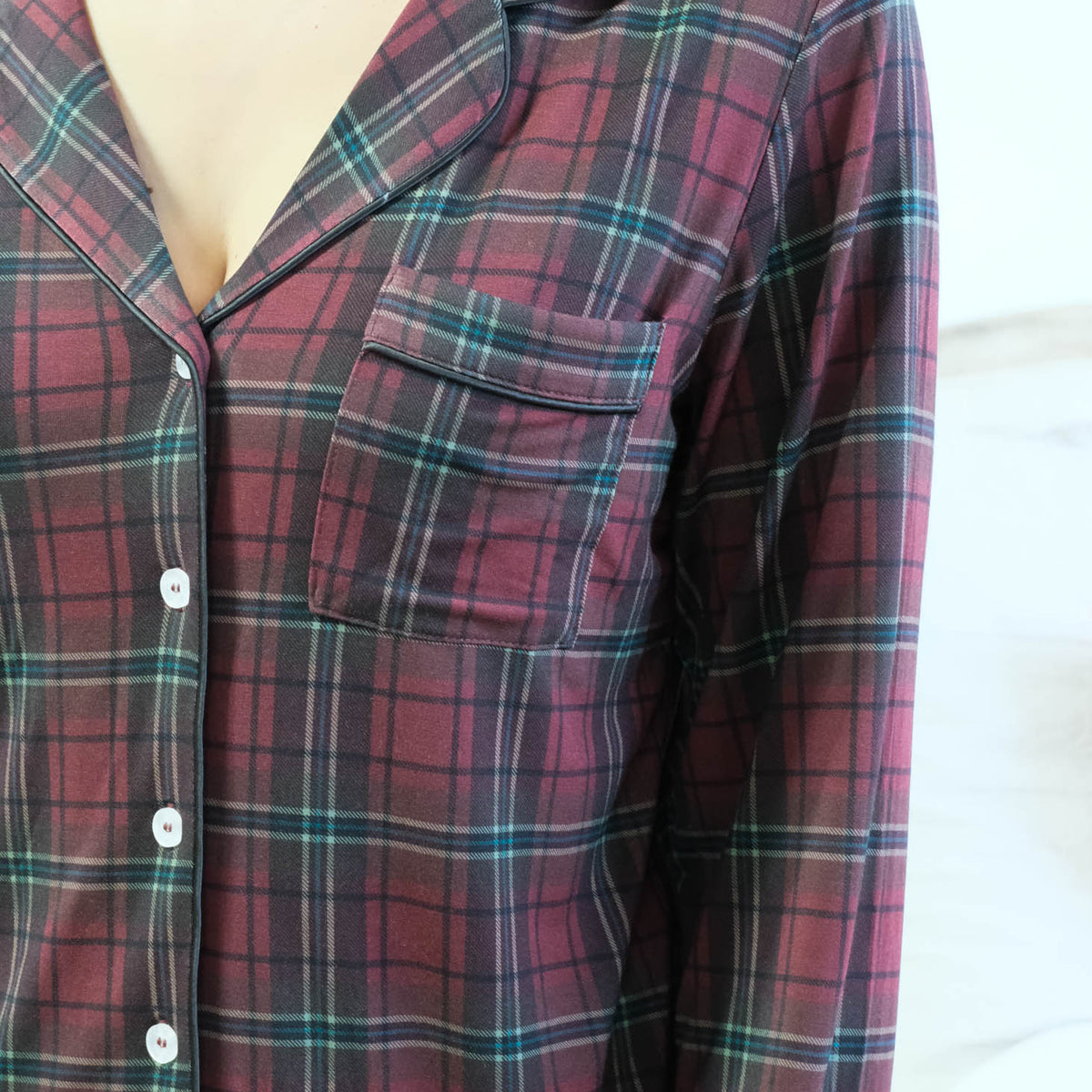 Georgia Rylan Bamboo Plaid Button-Up PJ Set notch collar black piping white buttons close-up — Cloud Nine Pajamas Edmonton