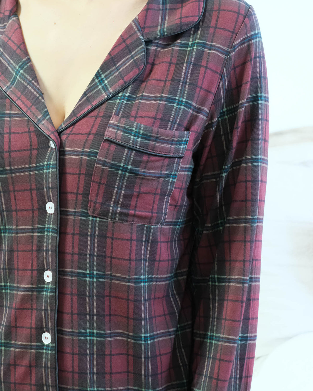 Georgia Rylan Bamboo Plaid Button-Up PJ Set notch collar black piping white buttons close-up — Cloud Nine Pajamas Edmonton