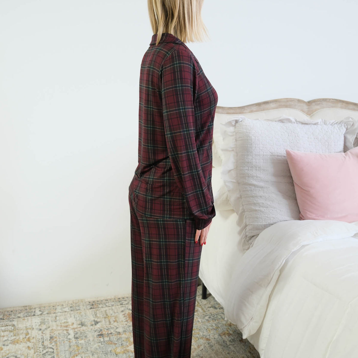 Georgia Rylan Bamboo Plaid Button-Up PJ Set side view piping down outer seam — Cloud Nine Pajamas Edmonton