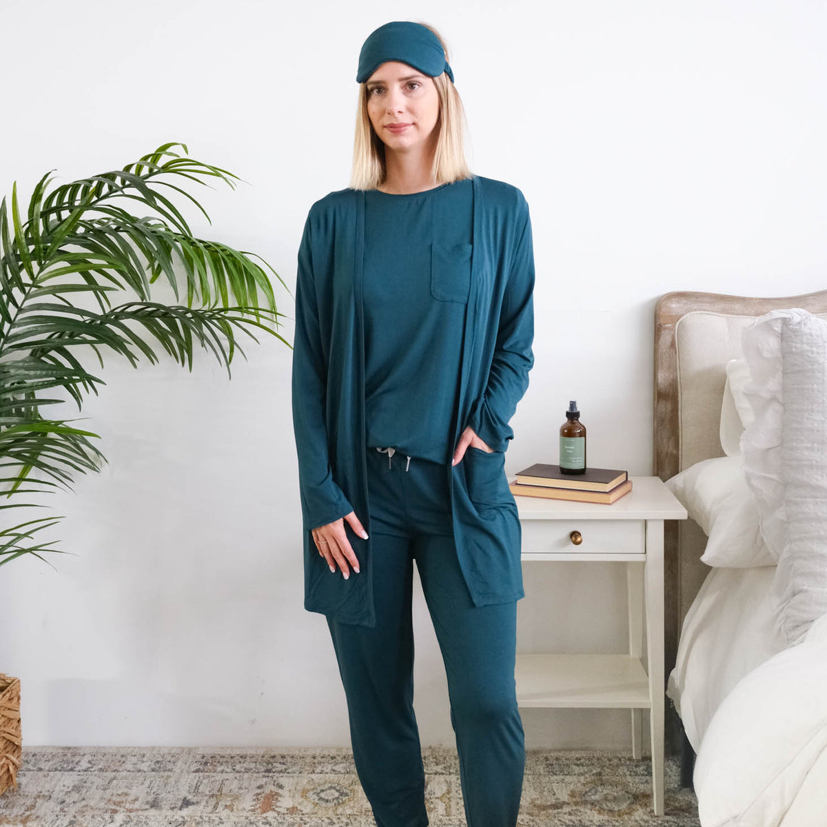 Georgia Rylan Midnight Teal Long Bamboo Cardigan shown in loungewear picture — Cloud Nine Pajamas