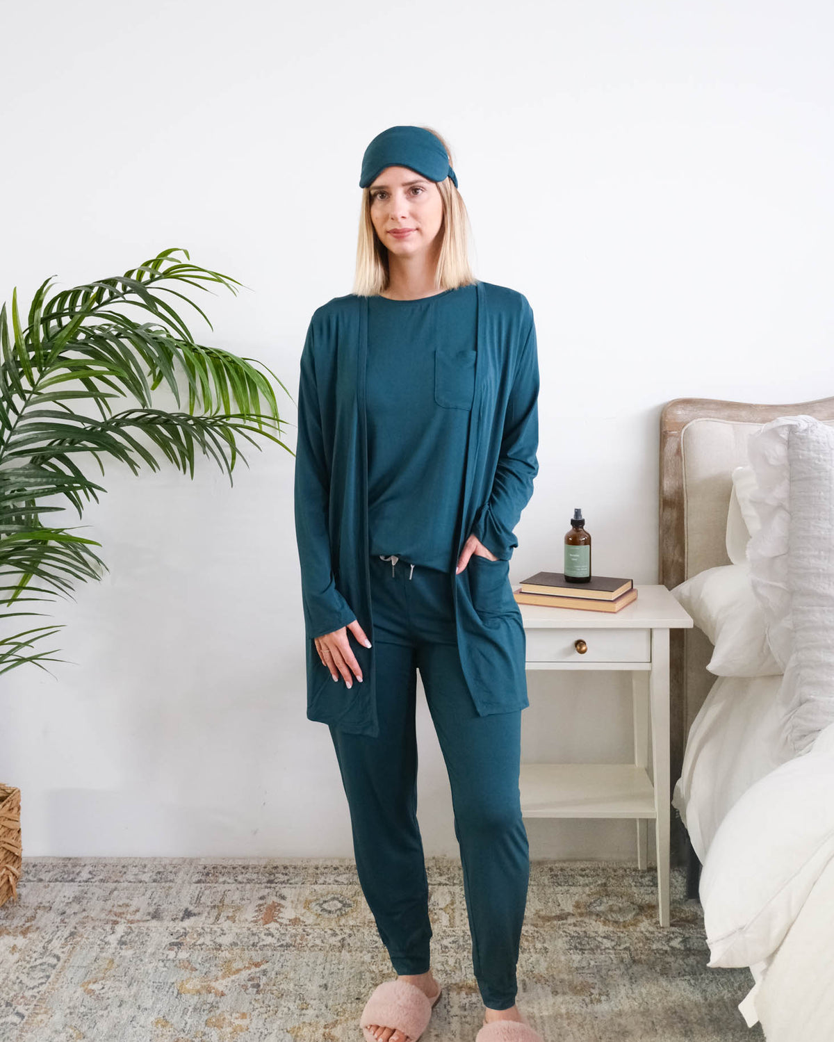 Georgia Rylan Midnight Teal Long Bamboo Cardigan shown in loungewear picture — Cloud Nine Pajamas