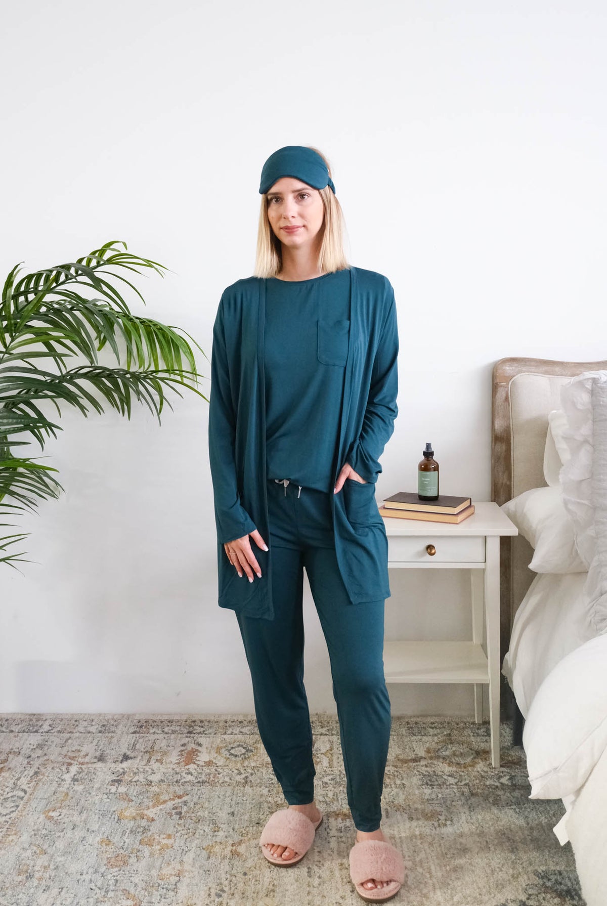 Georgia Rylan Midnight Teal Long Bamboo Cardigan shown in loungewear picture — Cloud Nine Pajamas