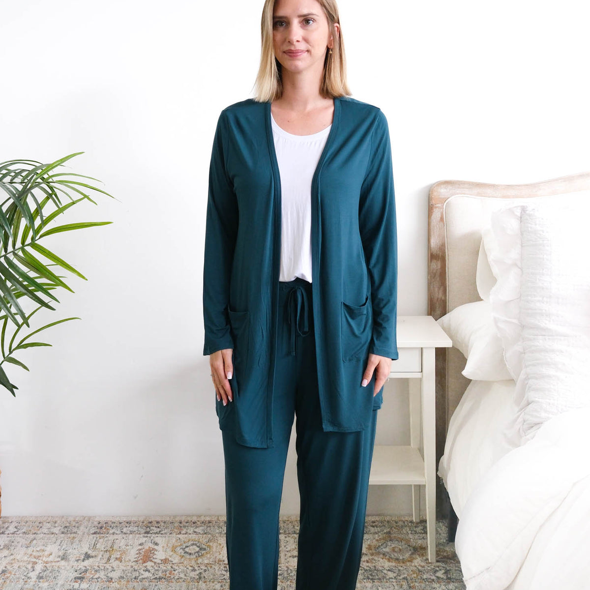 Georgia Rylan Midnight Teal Long Bamboo Cardigan open front detail — Cloud Nine Pajamas