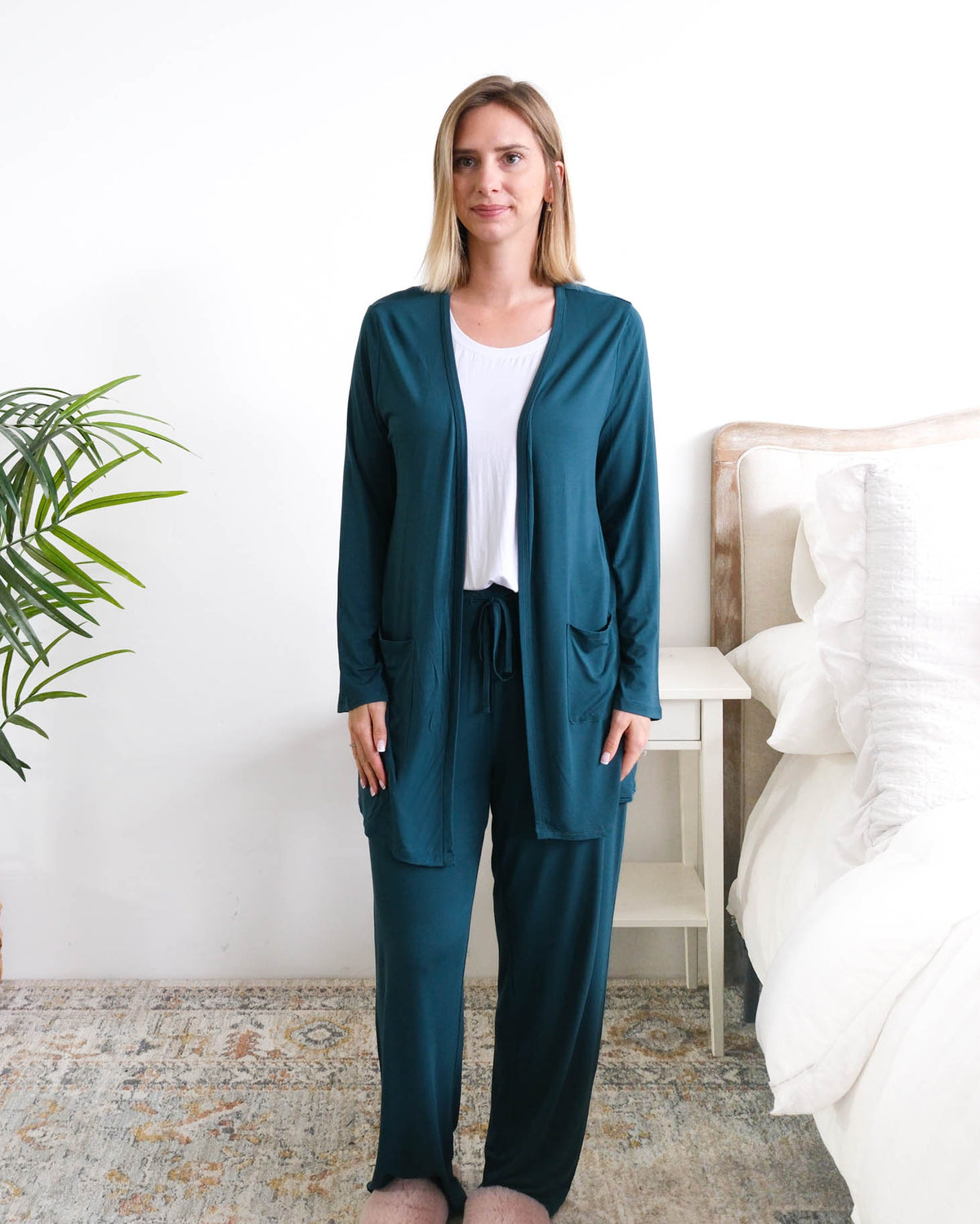 Georgia Rylan Midnight Teal Long Bamboo Cardigan open front detail — Cloud Nine Pajamas
