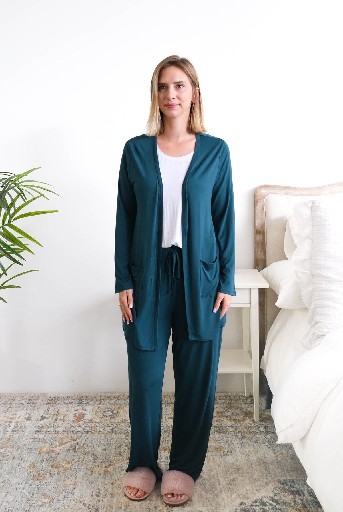 Georgia Rylan Midnight Teal Long Bamboo Cardigan open front detail — Cloud Nine Pajamas