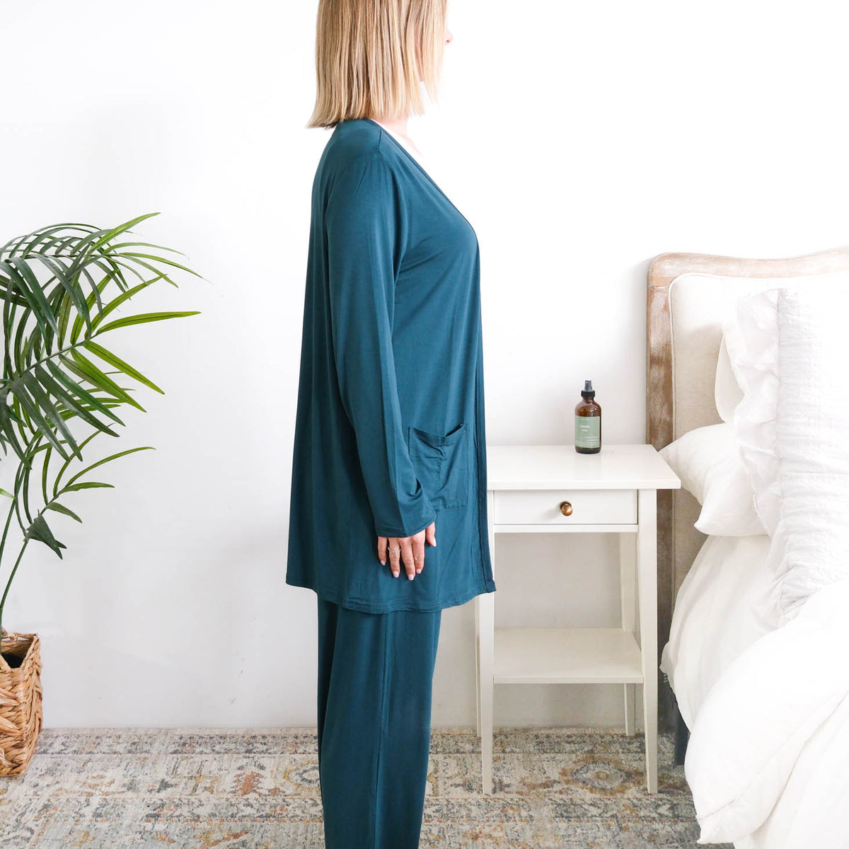 Georgia Rylan Midnight Teal Bamboo Cardigan model side view showing length — Cloud Nine Pajamas