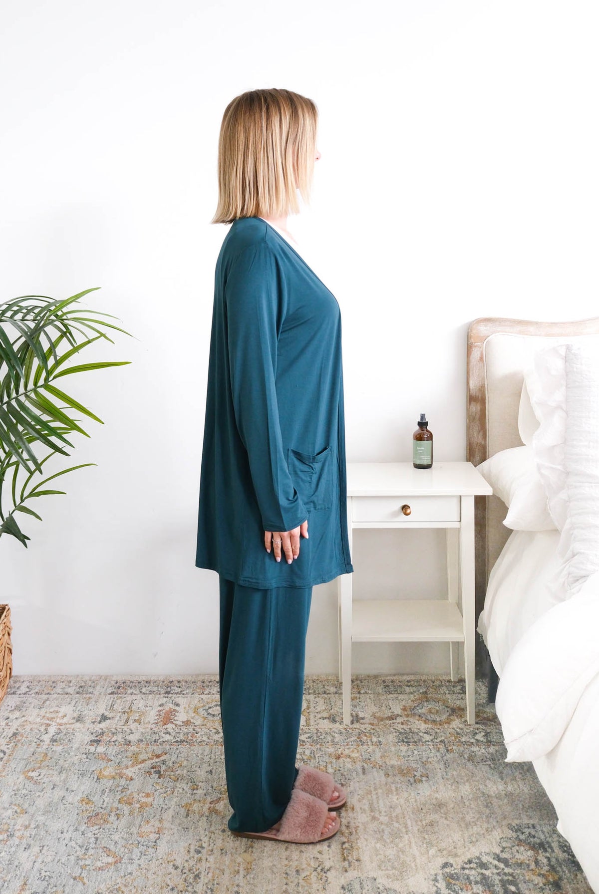 Georgia Rylan Midnight Teal Bamboo Cardigan model side view showing length — Cloud Nine Pajamas