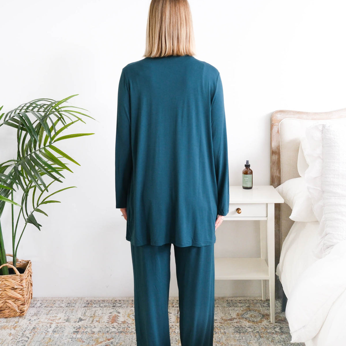 Georgia Rylan Midnight Teal Bamboo Cardigan model back view — Cloud Nine Pajamas