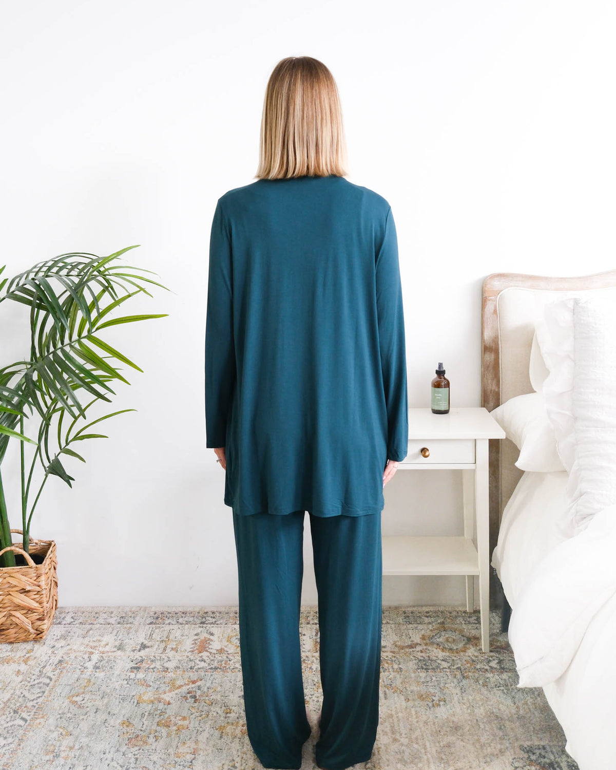 Georgia Rylan Midnight Teal Bamboo Cardigan model back view — Cloud Nine Pajamas
