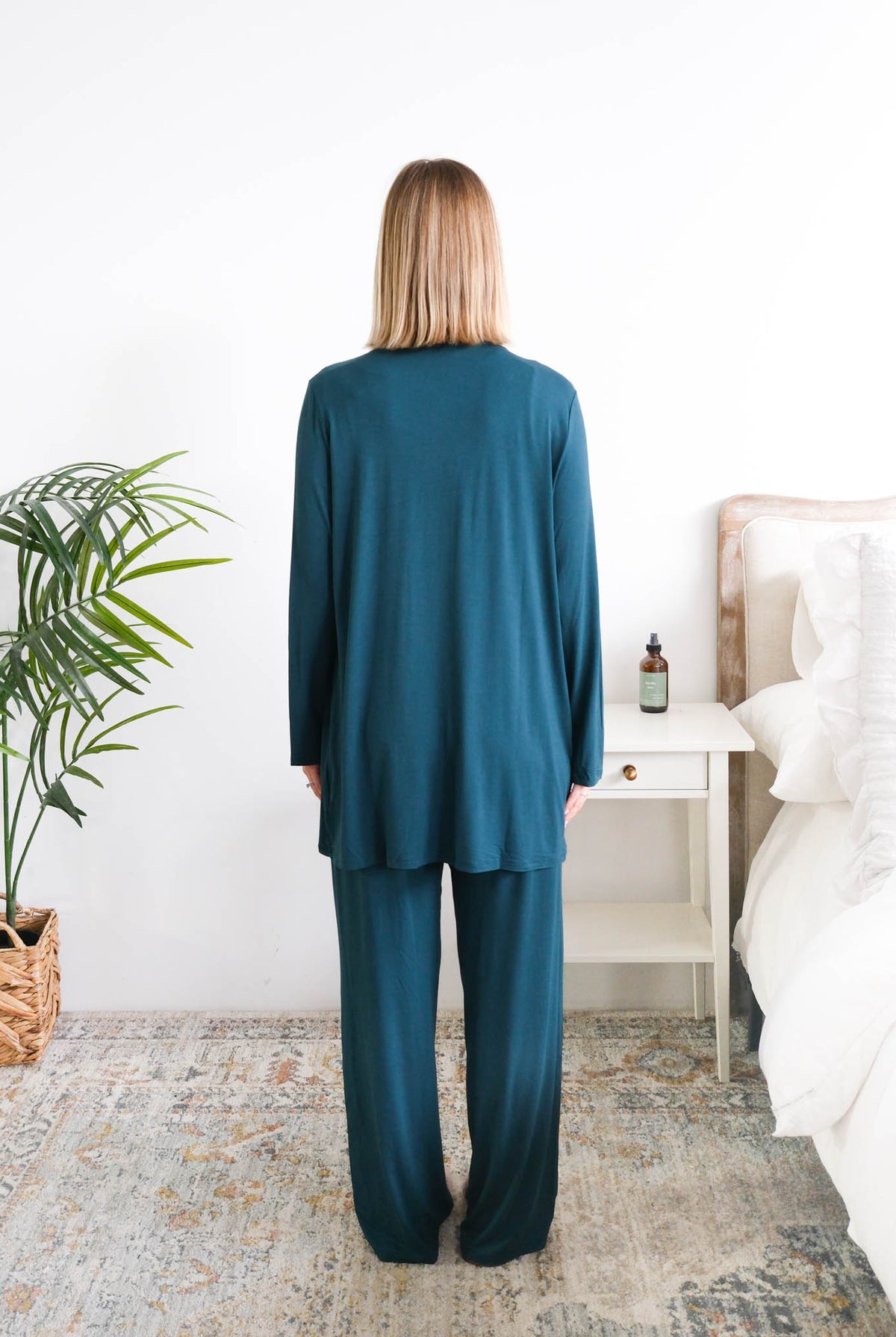 Georgia Rylan Midnight Teal Bamboo Cardigan model back view — Cloud Nine Pajamas