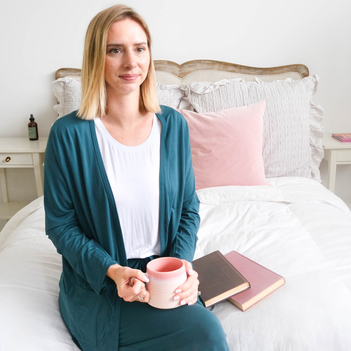 Georgia Rylan Midnight Teal Long Cardigan with Pockets lifestyle model — Cloud Nine Pajamas Edmonton