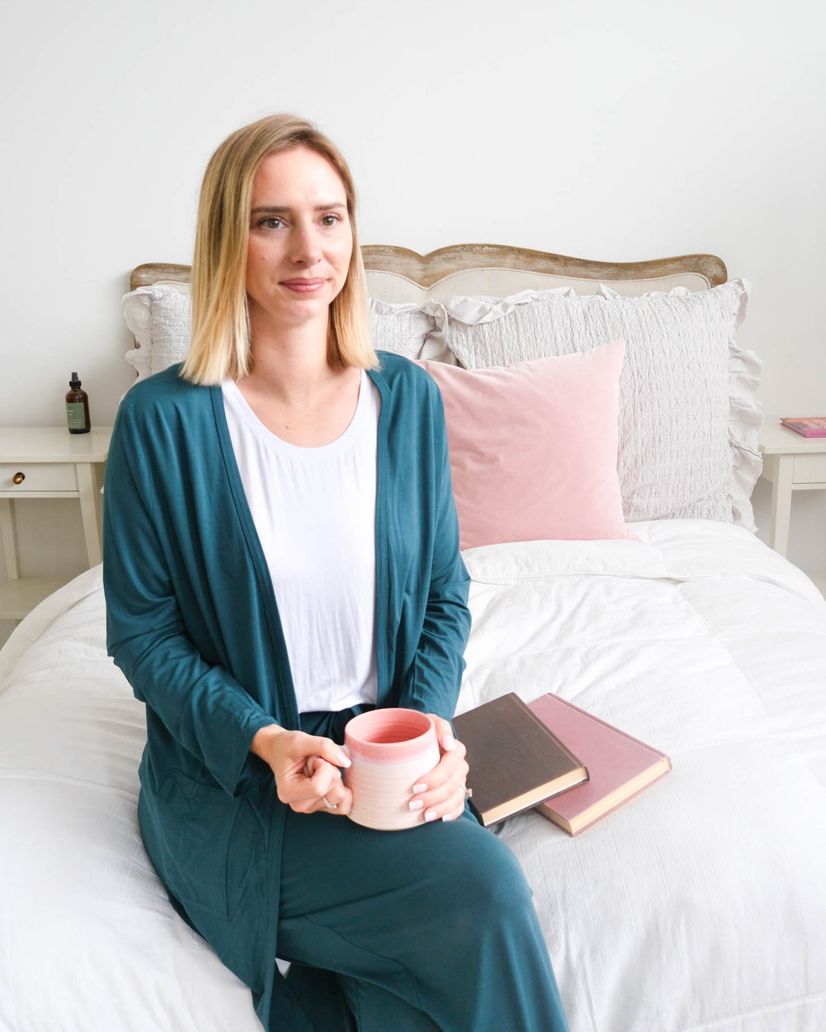 Georgia Rylan Midnight Teal Long Cardigan with Pockets lifestyle model — Cloud Nine Pajamas Edmonton