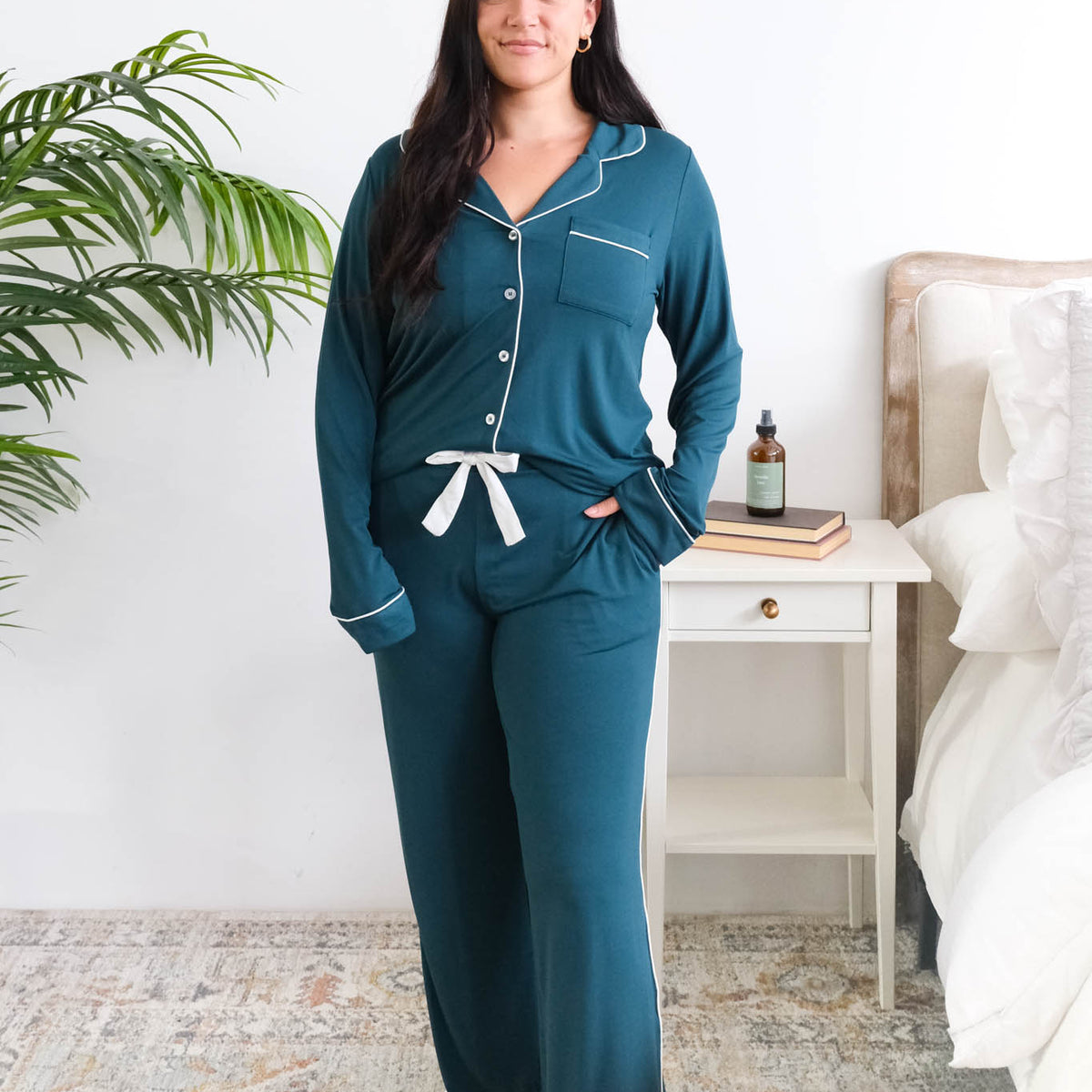 Georgia Rylan Long Sleeve Button Up Straight Pant Bamboo PJ Set Midnight Teal front view — Cloud Nine Pajamas Edmonton