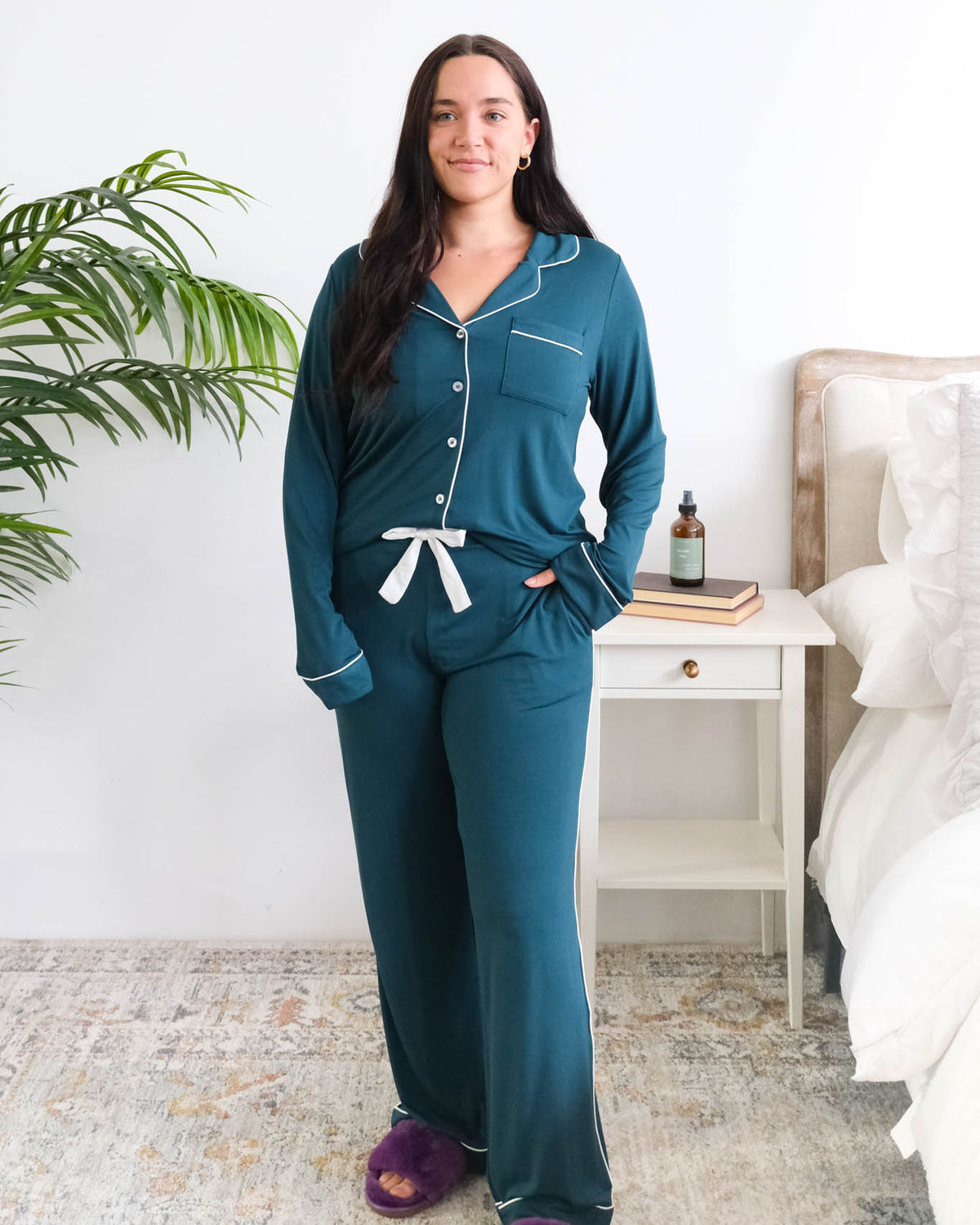 Georgia Rylan Long Sleeve Button Up Straight Pant Bamboo PJ Set Midnight Teal front view — Cloud Nine Pajamas Edmonton