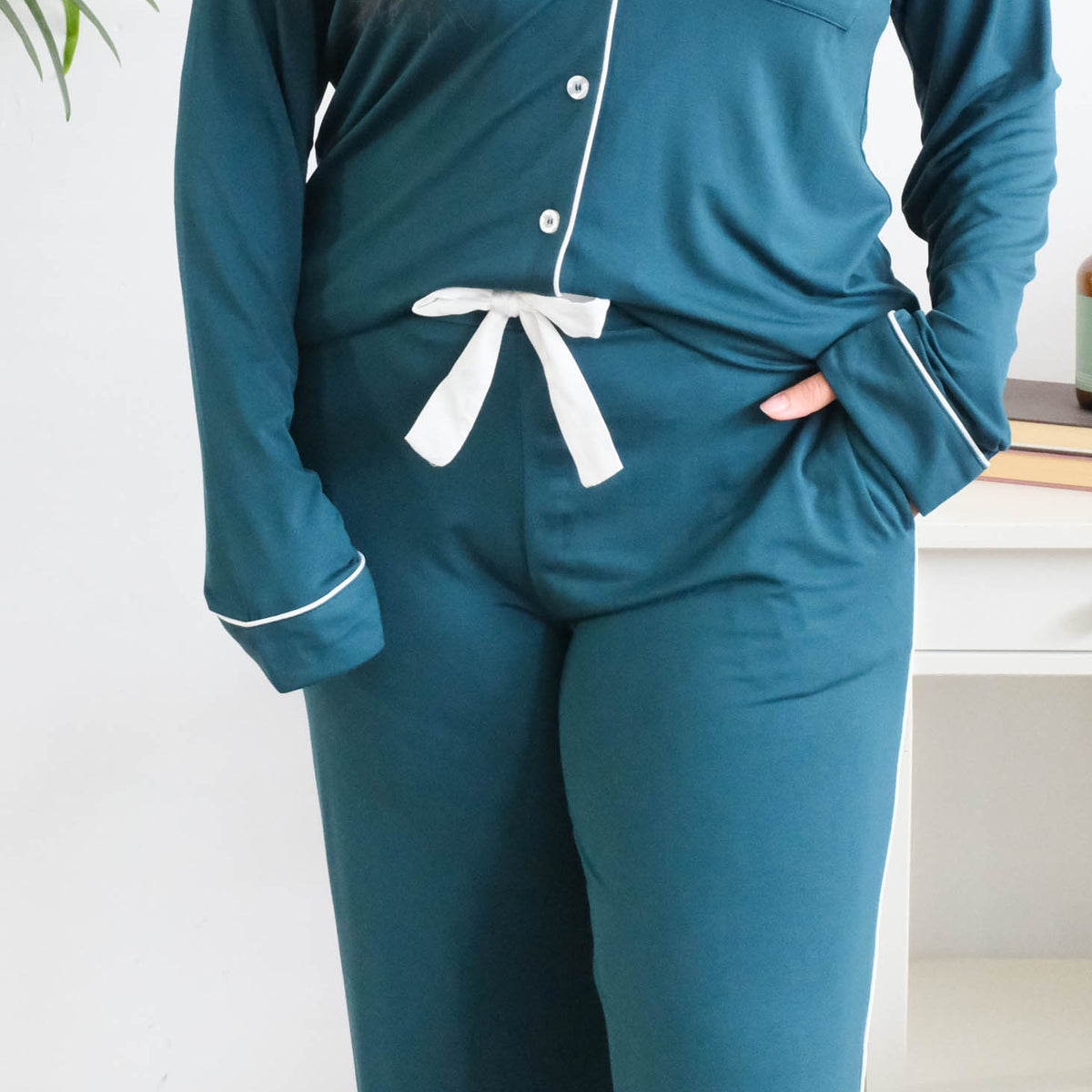 Georgia Rylan Midnight Teal Bamboo PJ Set straight leg pant detail — Cloud Nine Pajamas