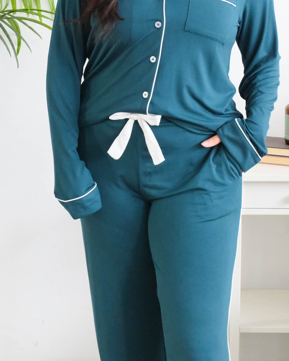 Georgia Rylan Midnight Teal Bamboo PJ Set straight leg pant detail — Cloud Nine Pajamas