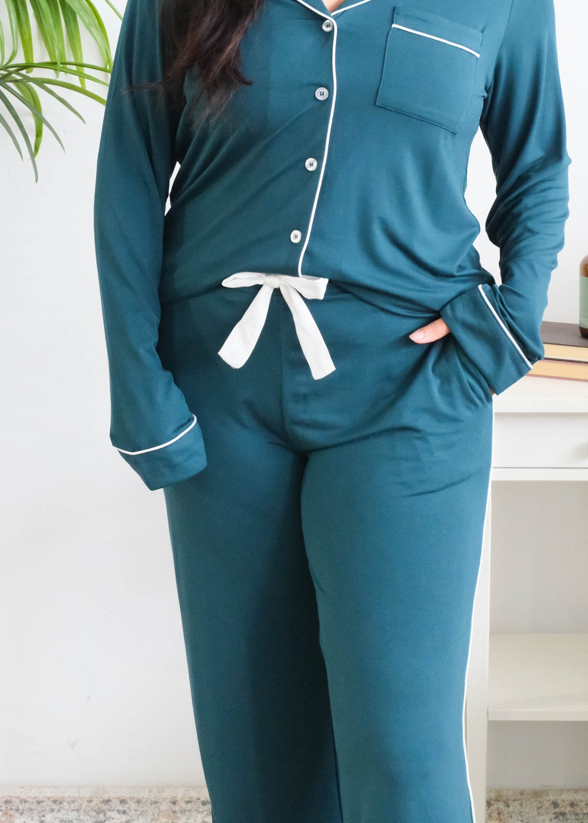 Georgia Rylan Midnight Teal Bamboo PJ Set straight leg pant detail — Cloud Nine Pajamas