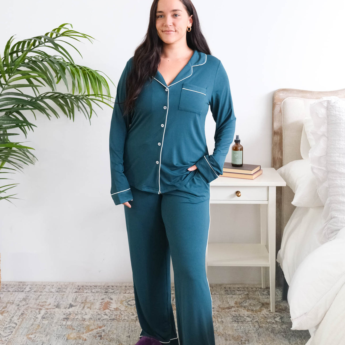 Georgia Rylan Midnight Teal Button-Up Bamboo PJ Set model full length — Cloud Nine Pajamas
