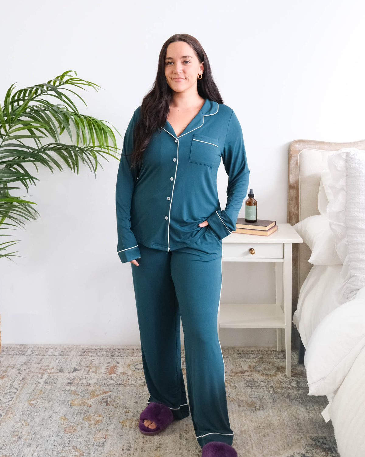 Georgia Rylan Midnight Teal Button-Up Bamboo PJ Set model full length — Cloud Nine Pajamas