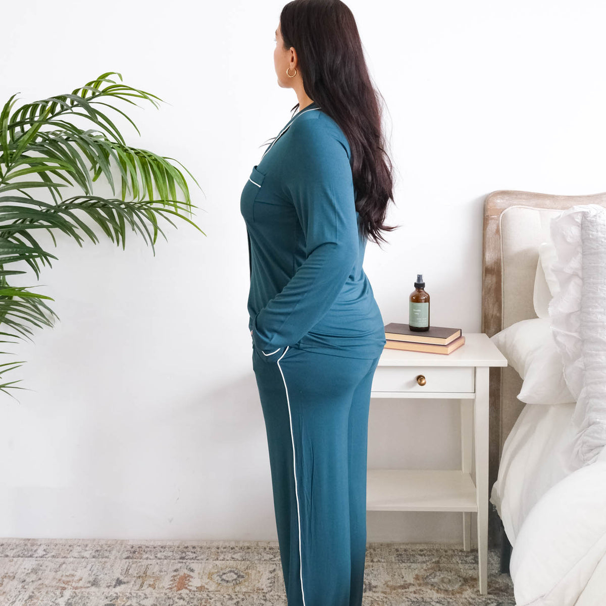 Georgia Rylan Midnight Teal Button-Up PJ Set model side view — Cloud Nine Pajamas