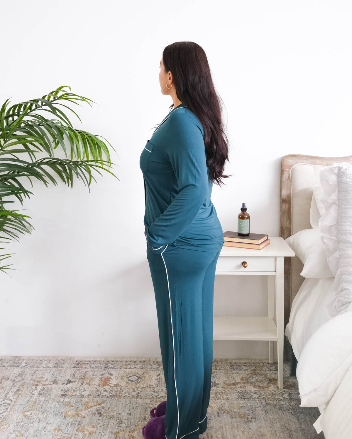Georgia Rylan Midnight Teal Button-Up PJ Set model side view — Cloud Nine Pajamas