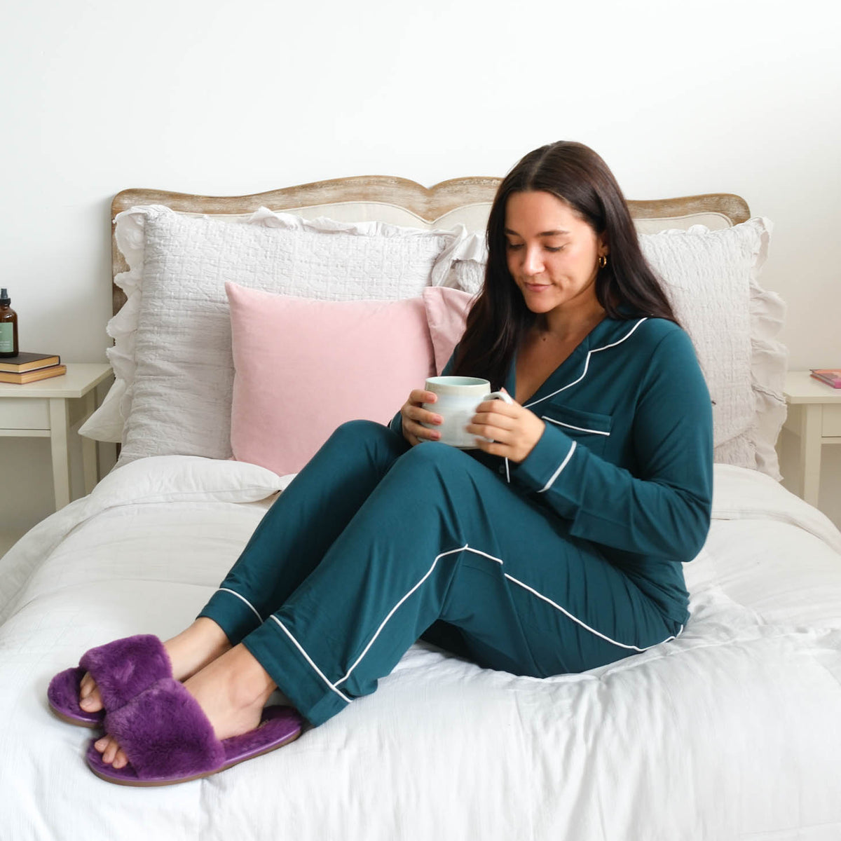 Georgia Rylan Midnight Teal Button-Up PJ Set lifestyle model — Cloud Nine Pajamas Edmonton