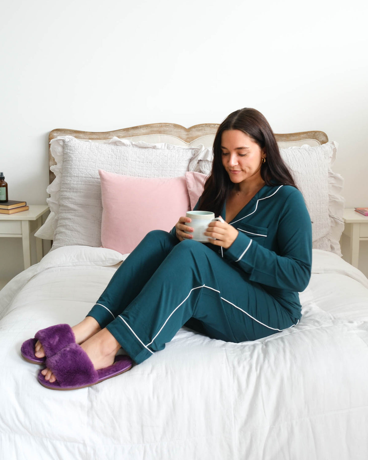 Georgia Rylan Midnight Teal Button-Up PJ Set lifestyle model — Cloud Nine Pajamas Edmonton