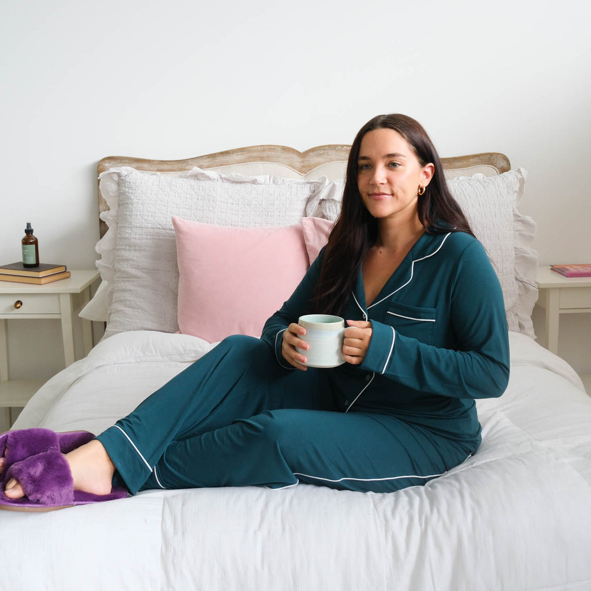 Georgia Rylan Midnight Teal Button-Up PJ Set lifestyle model — Cloud Nine Pajamas Edmonton