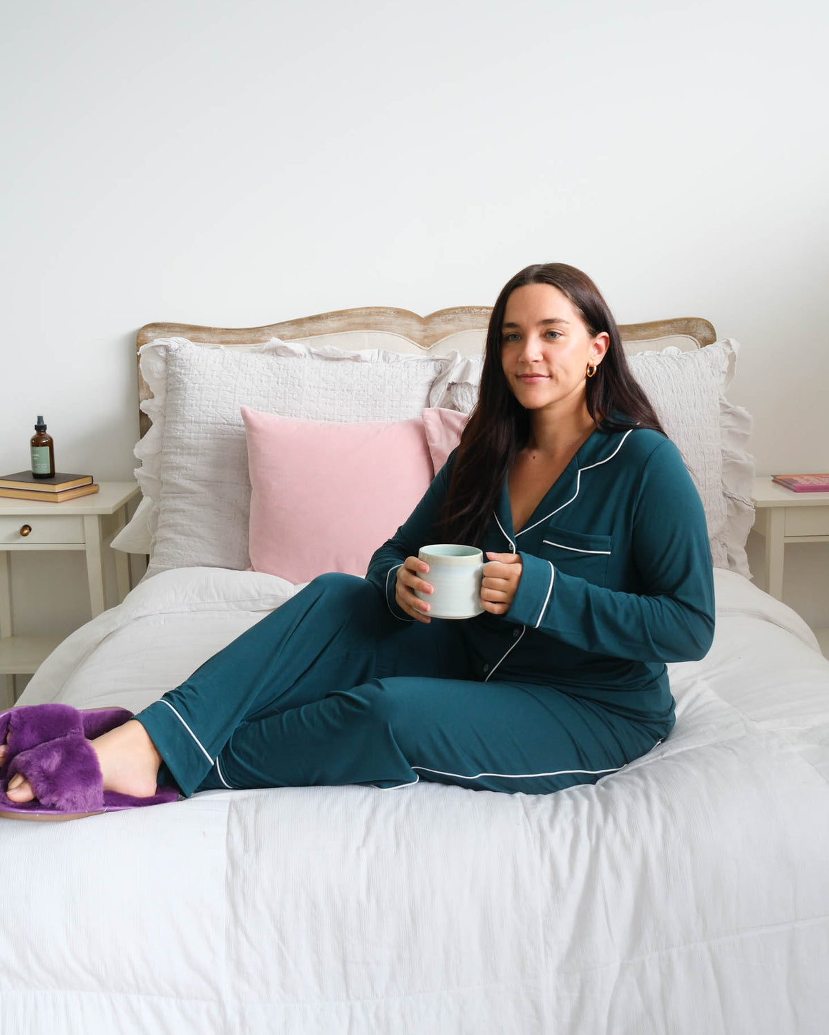 Georgia Rylan Midnight Teal Button-Up PJ Set lifestyle model — Cloud Nine Pajamas Edmonton