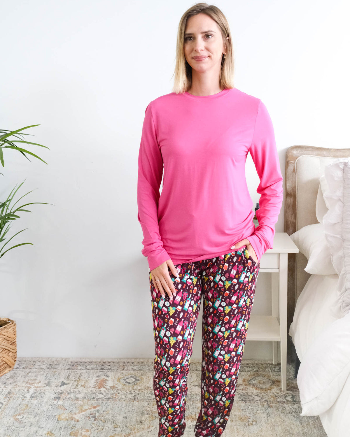 Georgia Rylan Wine Tasting Long Sleeve Jogger Bamboo PJ Set front view on model — Cloud Nine Pajamas Edmonton