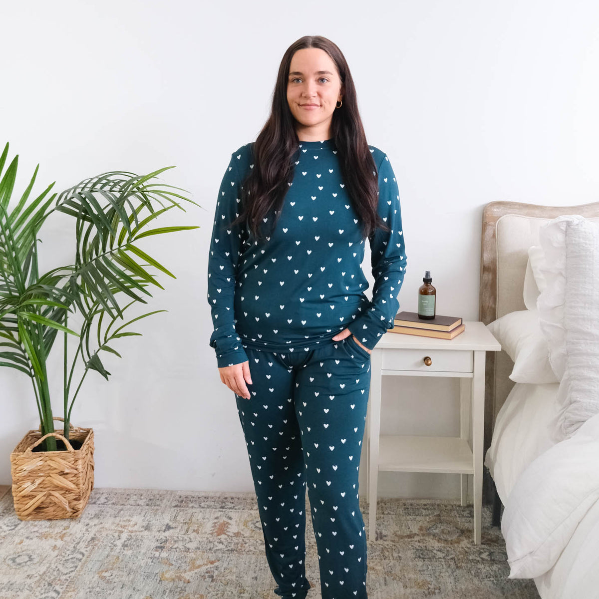 Georgia Rylan Sweetheart Slumber Long Sleeve Jogger PJ Set front view on model — Cloud Nine Pajamas Edmonton