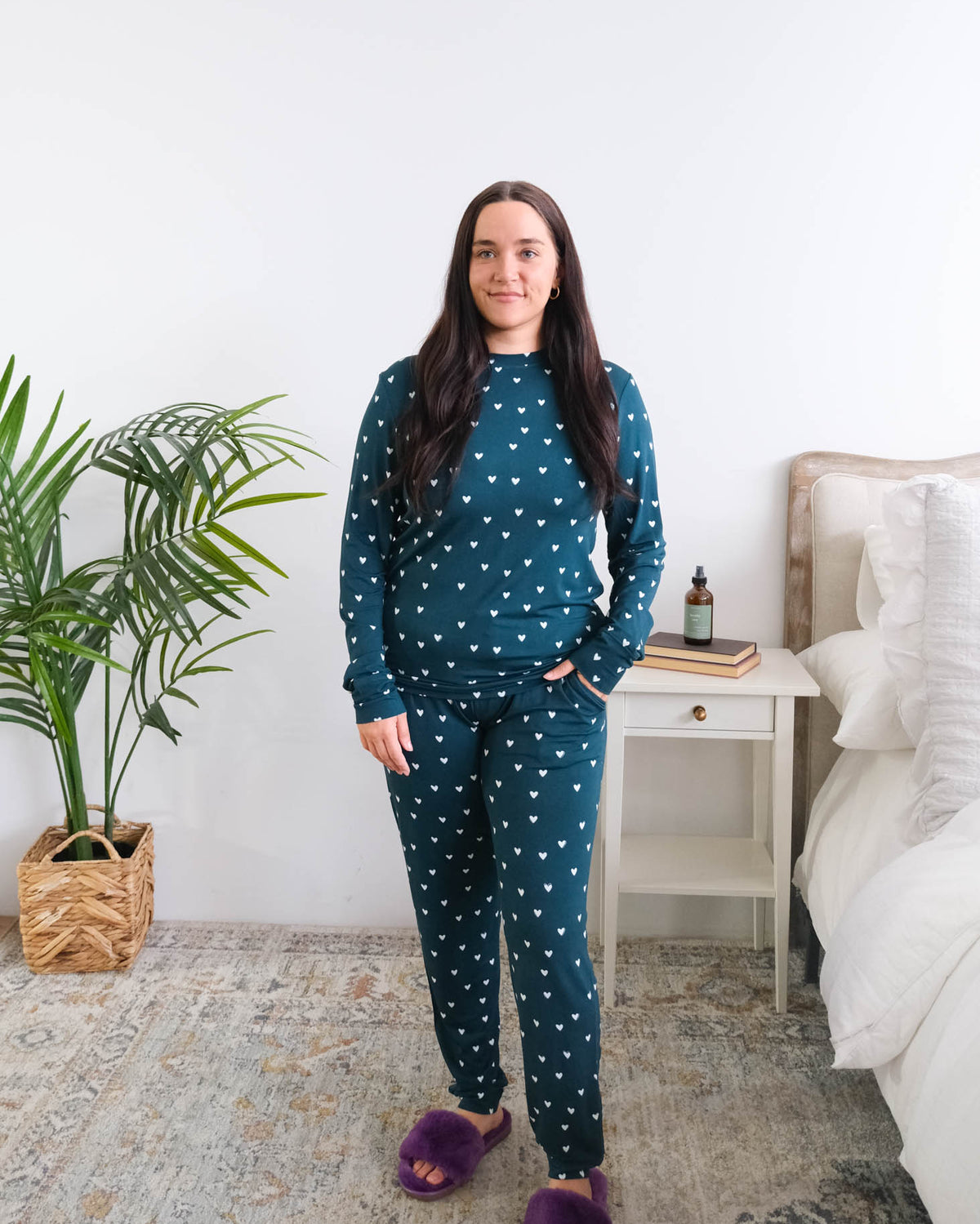 Georgia Rylan Sweetheart Slumber Long Sleeve Jogger PJ Set front view on model — Cloud Nine Pajamas Edmonton