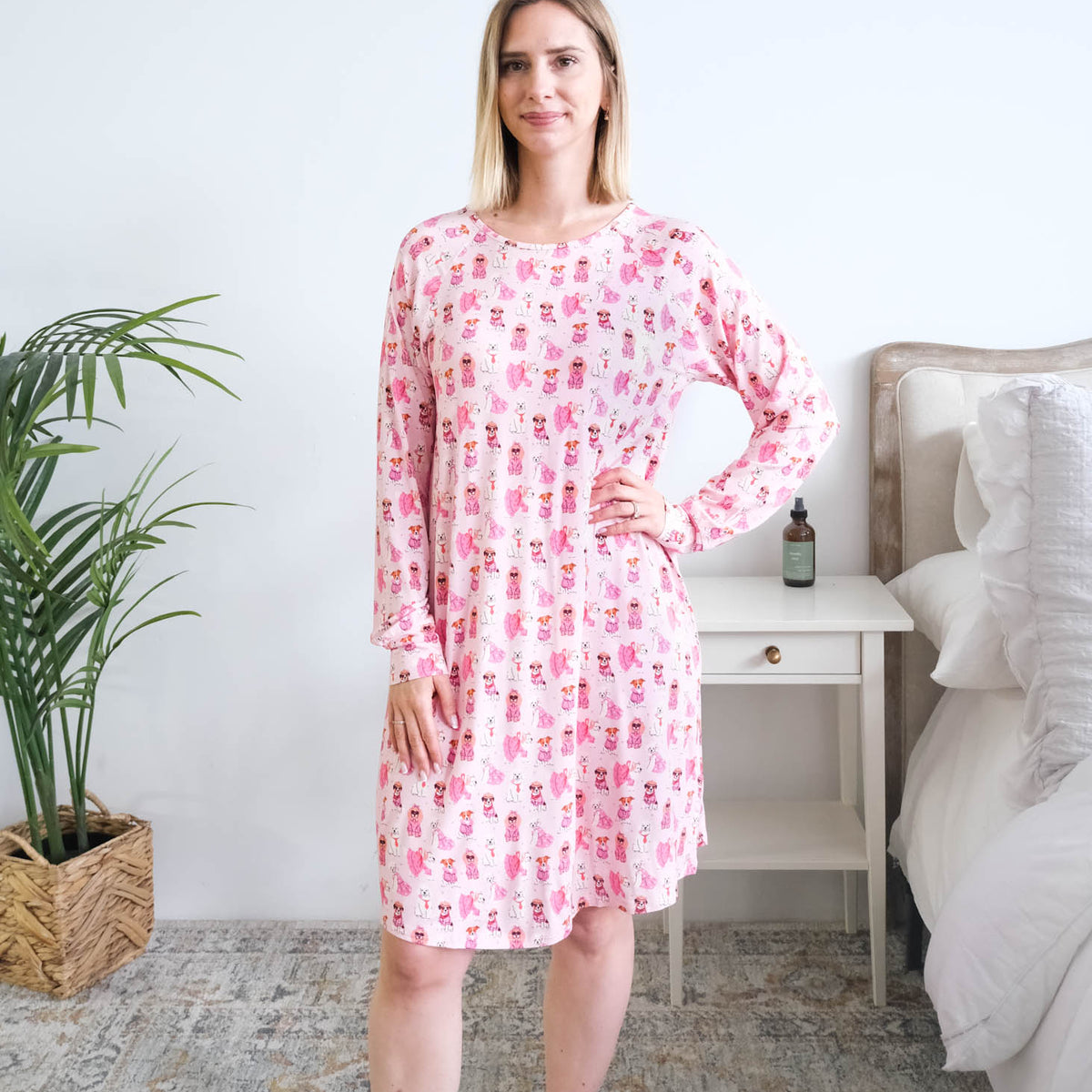 Georgia Rylan Chic Puppies Nightshirt model full length — Cloud Nine Pajamas