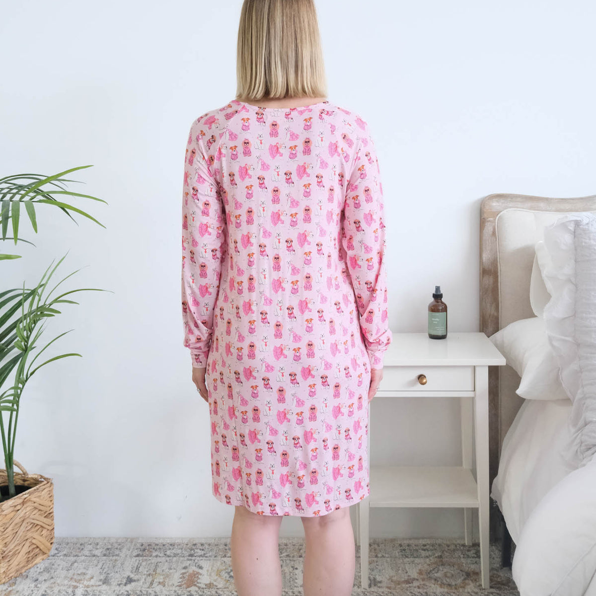 Georgia Rylan Chic Puppies Bamboo Nightshirt model back view — Cloud Nine Pajamas Edmonton