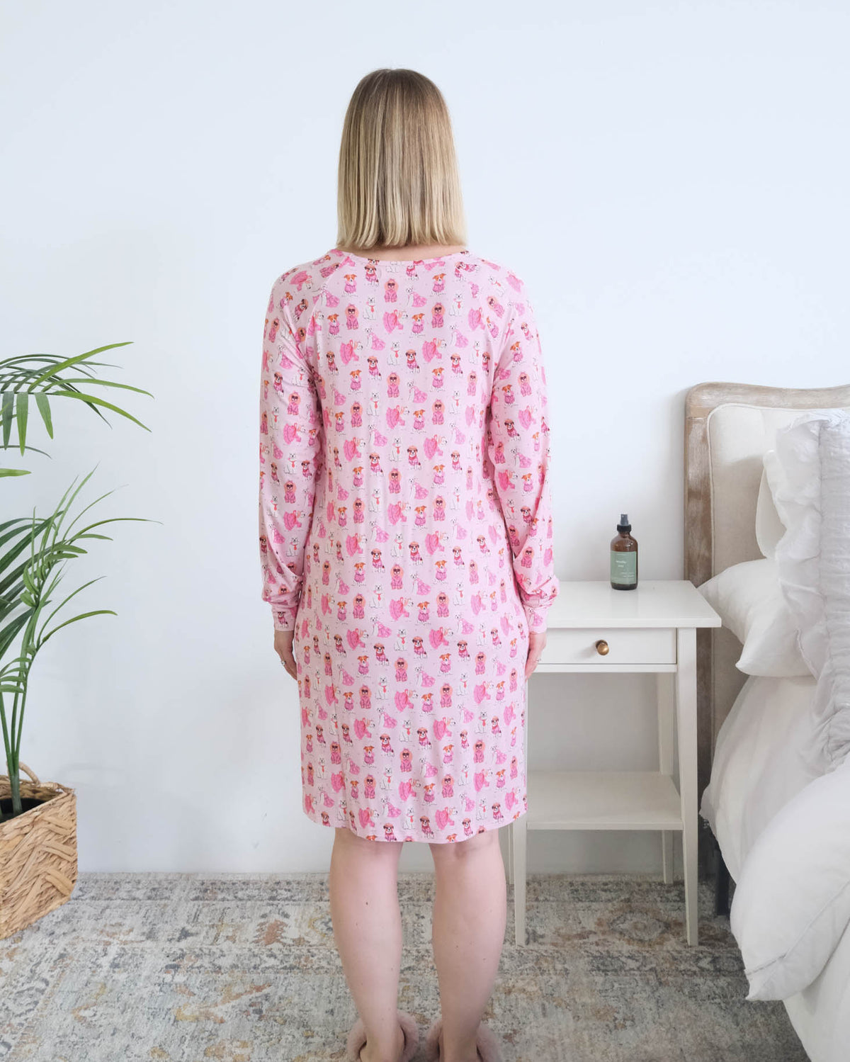 Georgia Rylan Chic Puppies Bamboo Nightshirt model back view — Cloud Nine Pajamas Edmonton