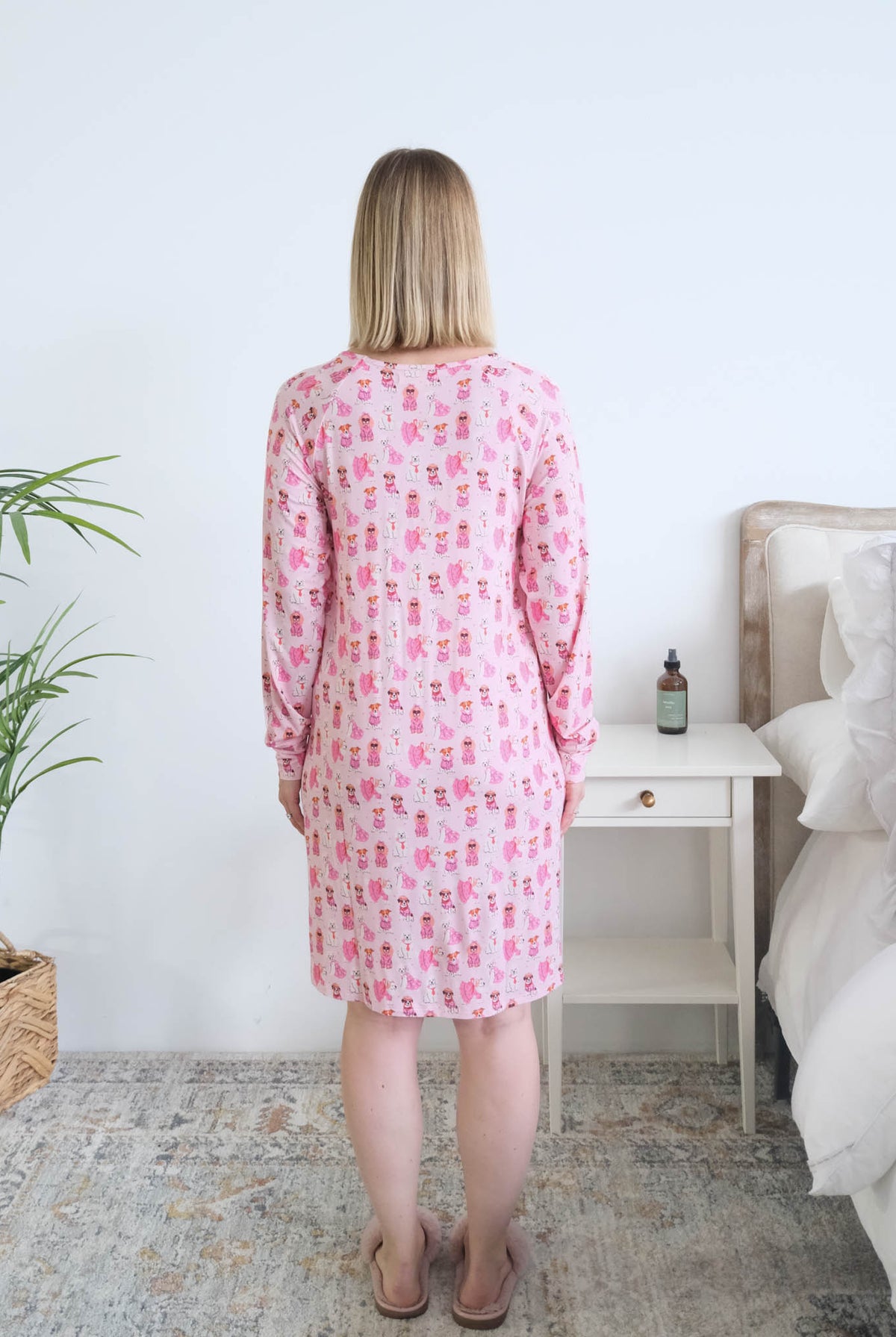 Georgia Rylan Chic Puppies Bamboo Nightshirt model back view — Cloud Nine Pajamas Edmonton