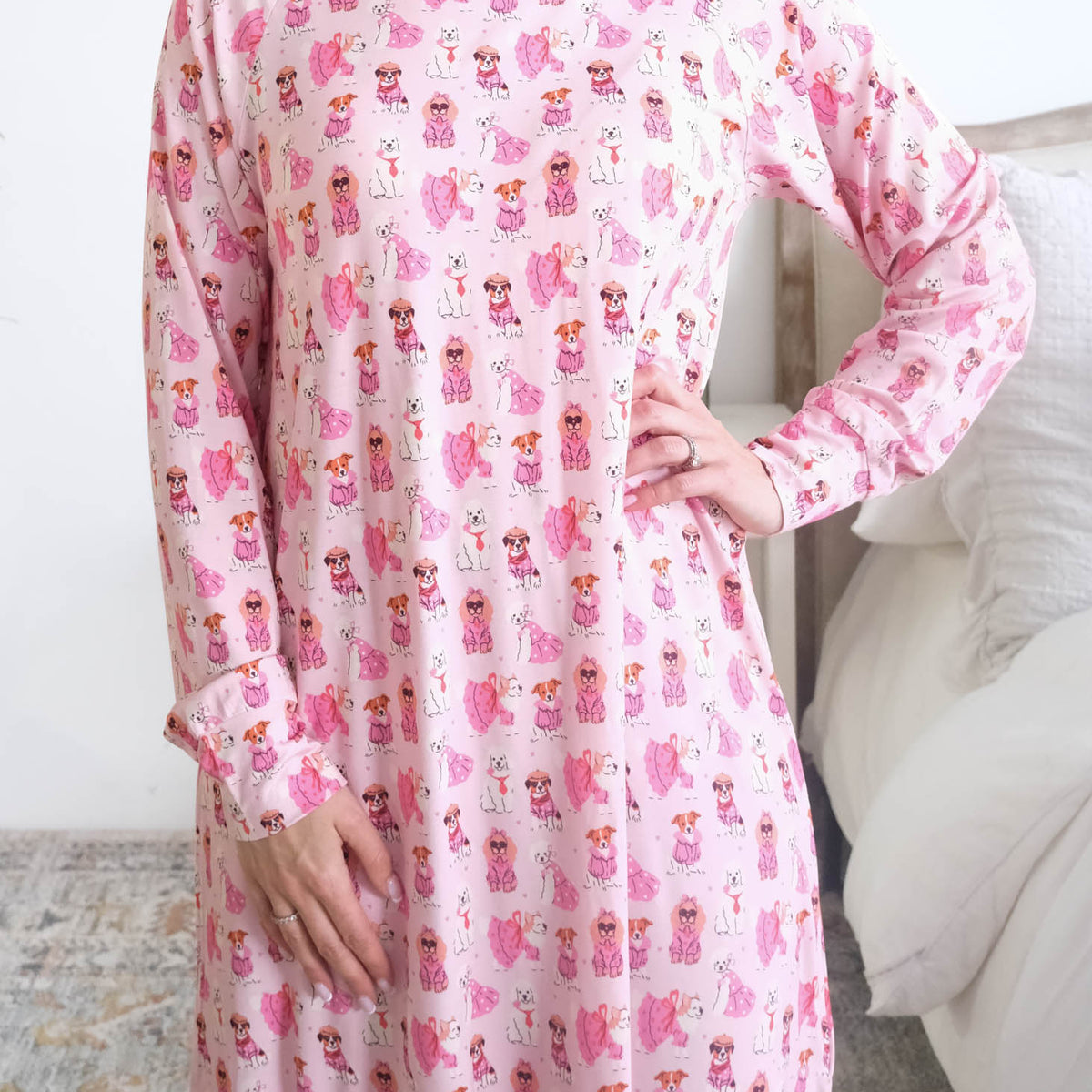 Georgia Rylan Chic Puppies Bamboo Nightshirt print close-up illustrated dogs — Cloud Nine Pajamas