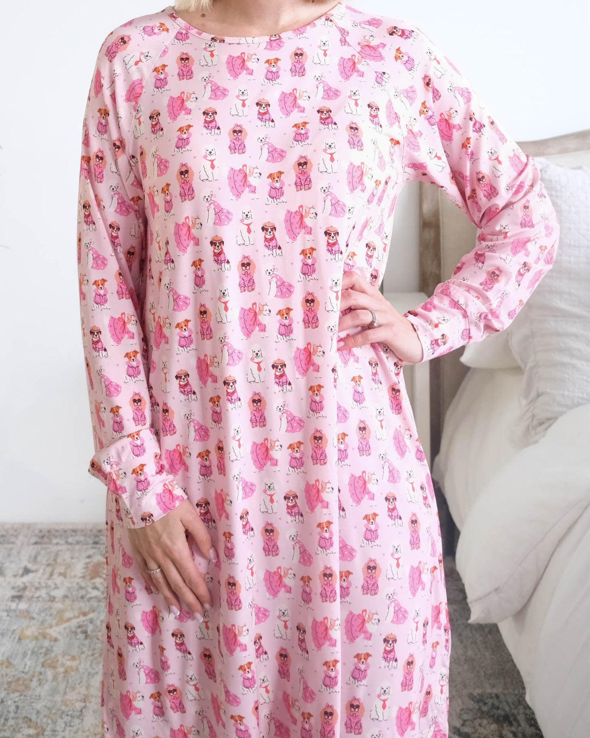 Georgia Rylan Chic Puppies Bamboo Nightshirt print close-up illustrated dogs — Cloud Nine Pajamas