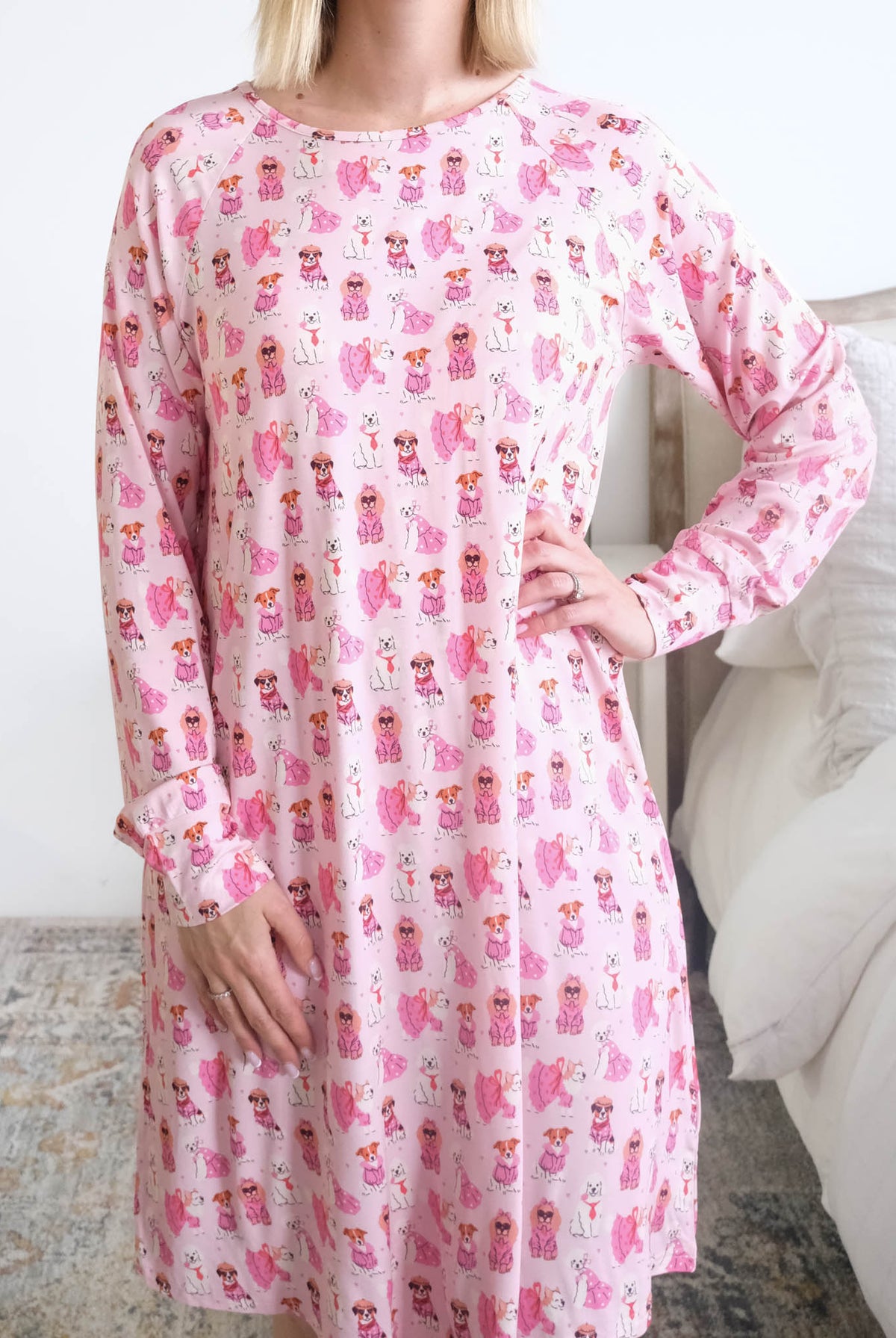 Georgia Rylan Chic Puppies Bamboo Nightshirt print close-up illustrated dogs — Cloud Nine Pajamas