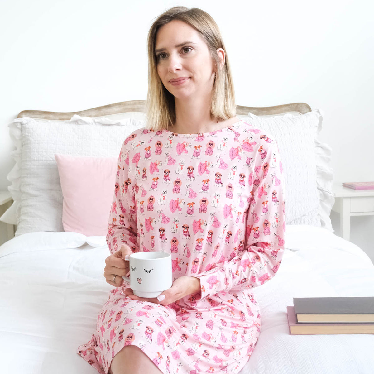 Georgia Rylan Chic Puppies Long Sleeve Bamboo Nightshirt front view on model — Cloud Nine Pajamas Edmonton