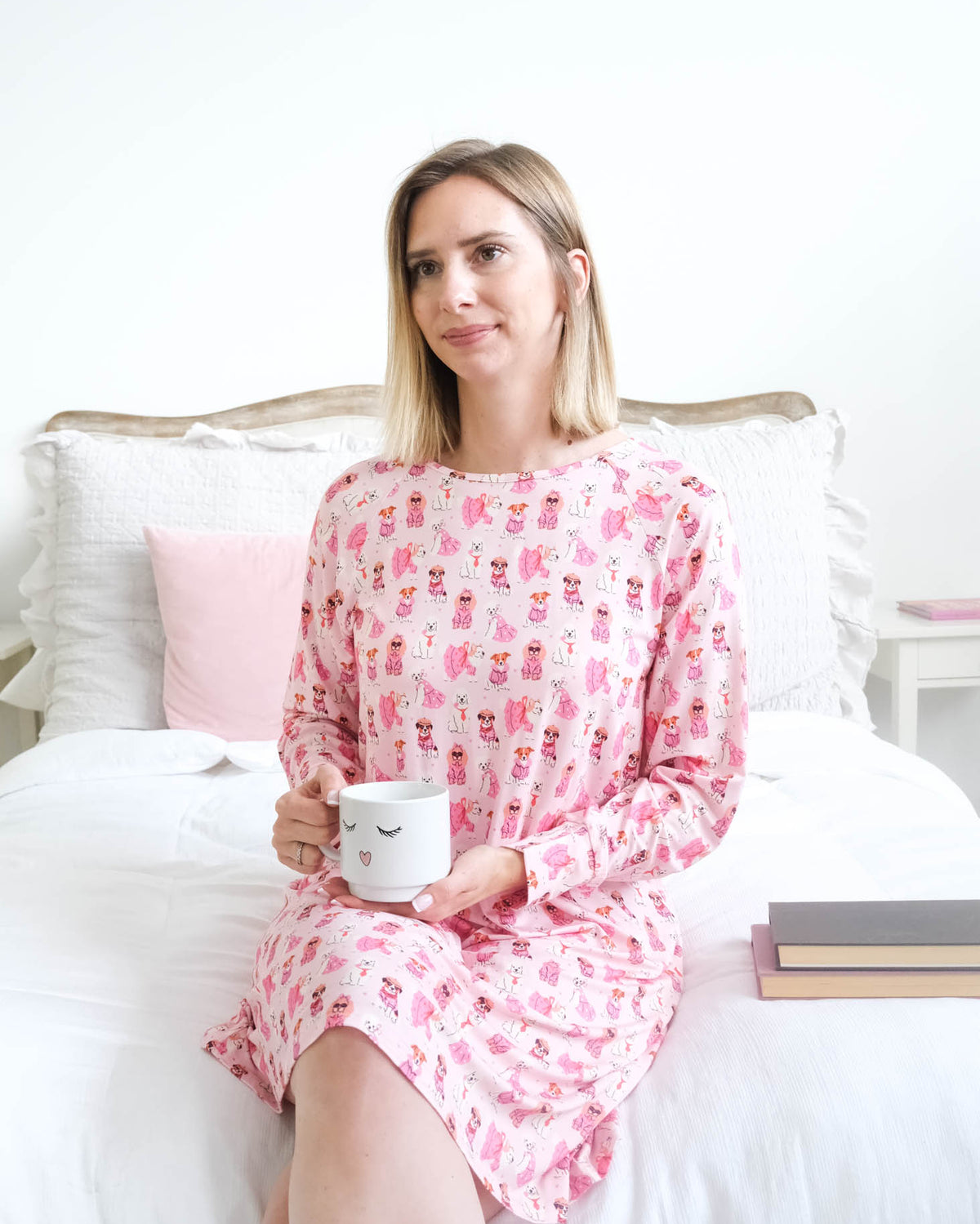 Georgia Rylan Chic Puppies Long Sleeve Bamboo Nightshirt front view on model — Cloud Nine Pajamas Edmonton