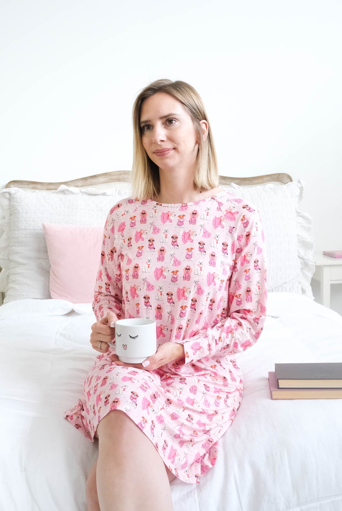 Georgia Rylan Chic Puppies Long Sleeve Bamboo Nightshirt front view on model — Cloud Nine Pajamas Edmonton