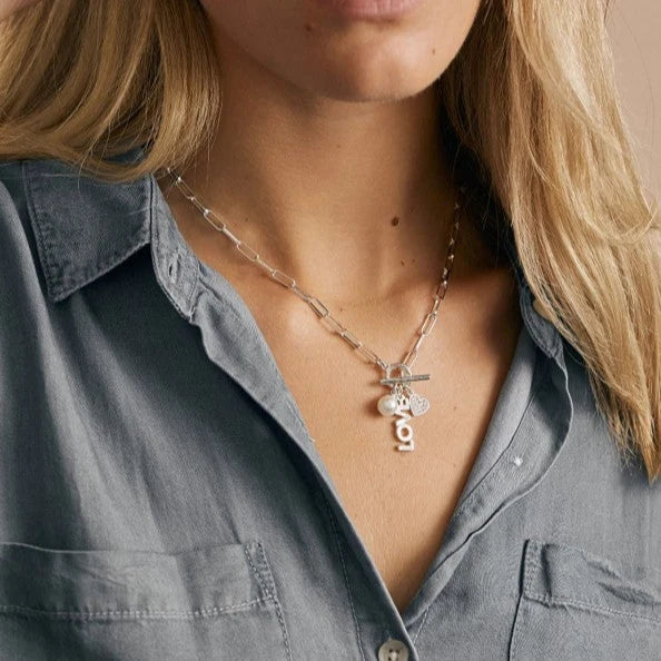 Foxy Originals PSILY Love Charm Necklace Silver product shot lifestyle worn on model— Cloud Nine Pajamas