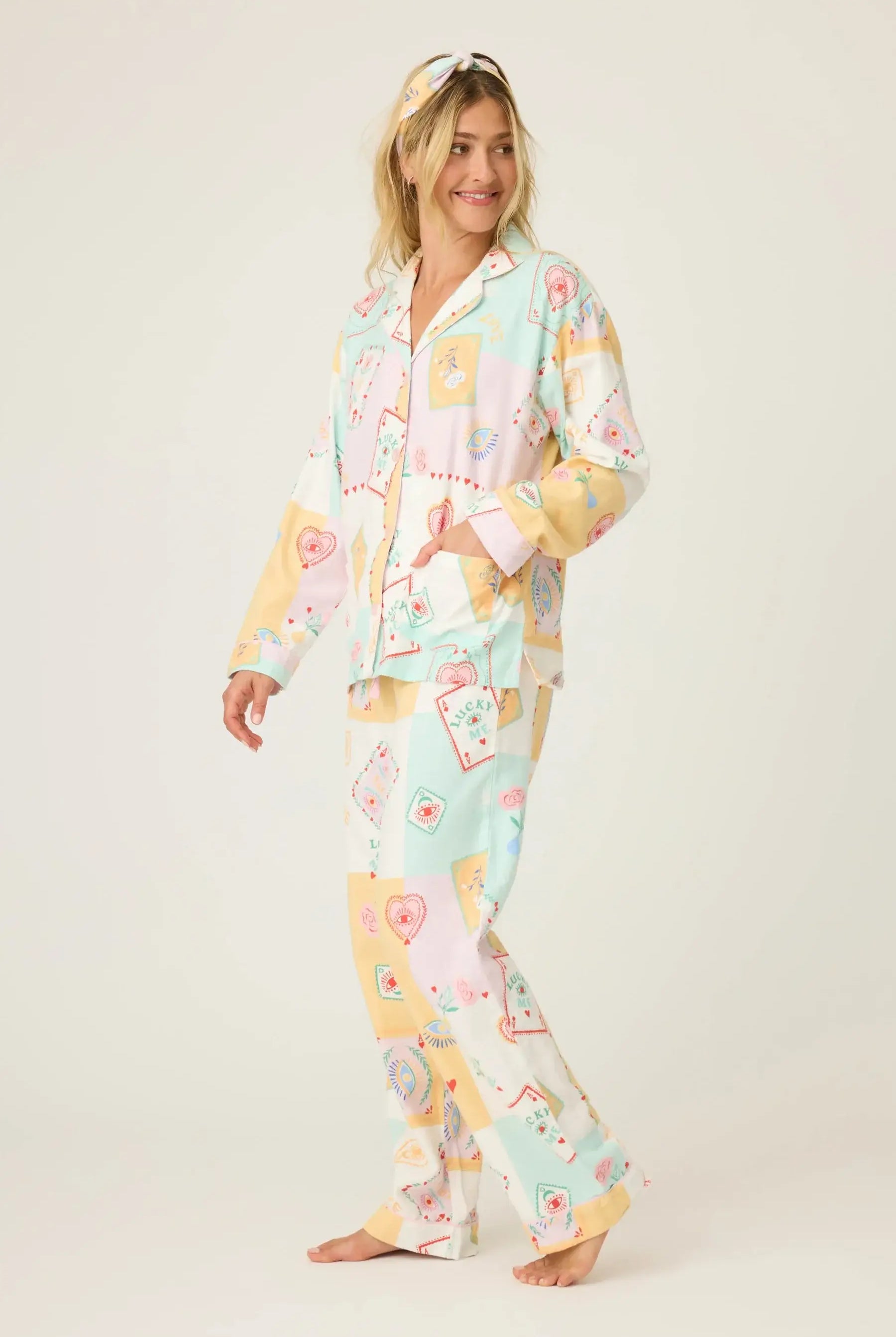 Model wearing Lucky Me Tarot Card Print 3-Piece Flannel PJ Set from PJ Salvage, showcasing cozy and colorful design.