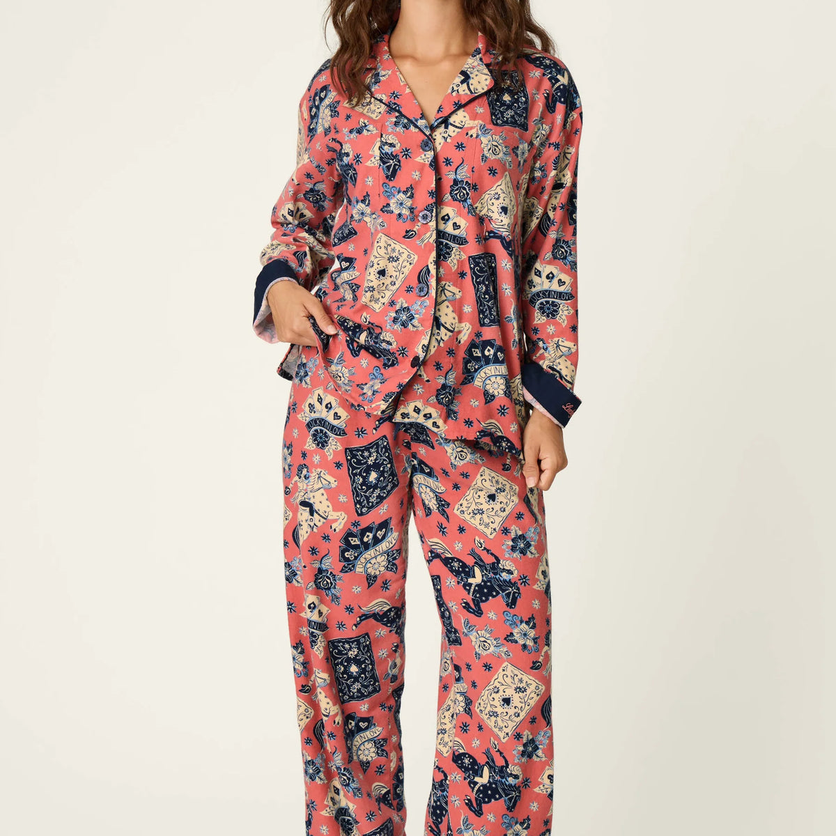 PJ Salvage Lucky in Love Western Print 3-Piece Flannel PJ Set Dark Rose front view on model — Cloud Nine Pajamas Edmonton